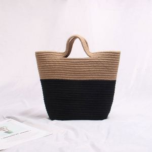 Sac de plage pour les vacances en bord de mer, sac fourre-tout en jute bicolore pour femmes, sac seau tendance à rayures, design ouvert - Product Image 1