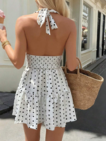 Robe mini dos nu à pois blancs et noirs pour femme, col en V profond, taille nouée, ourlet à volants, idéale pour les fêtes estivales, vente en gros, personnalisable