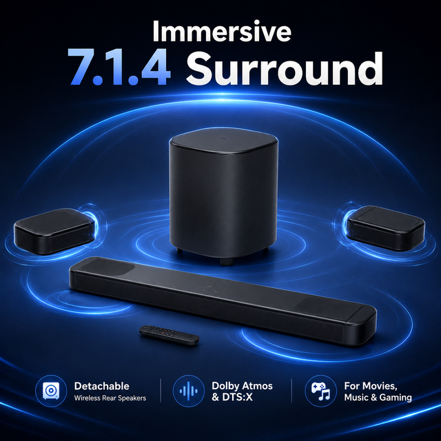 J8L 7.1.4 Dolby Atmos Soundbar with Detachable Speakers, Wireless Subwoofer, EARC WiFi BT, TV Home Theater System