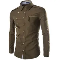 Herbst Männer Langarm Cargo Shirt Casual Slim Fit Mode Epaulet Double Zipper Pocket Herren Kleid Shirt