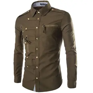 Autumn Men Long Sleeve Cargo Shirt Casual Slim Fit Fashion Epaulet Double Zipper Pocket Mens Dress Shirt