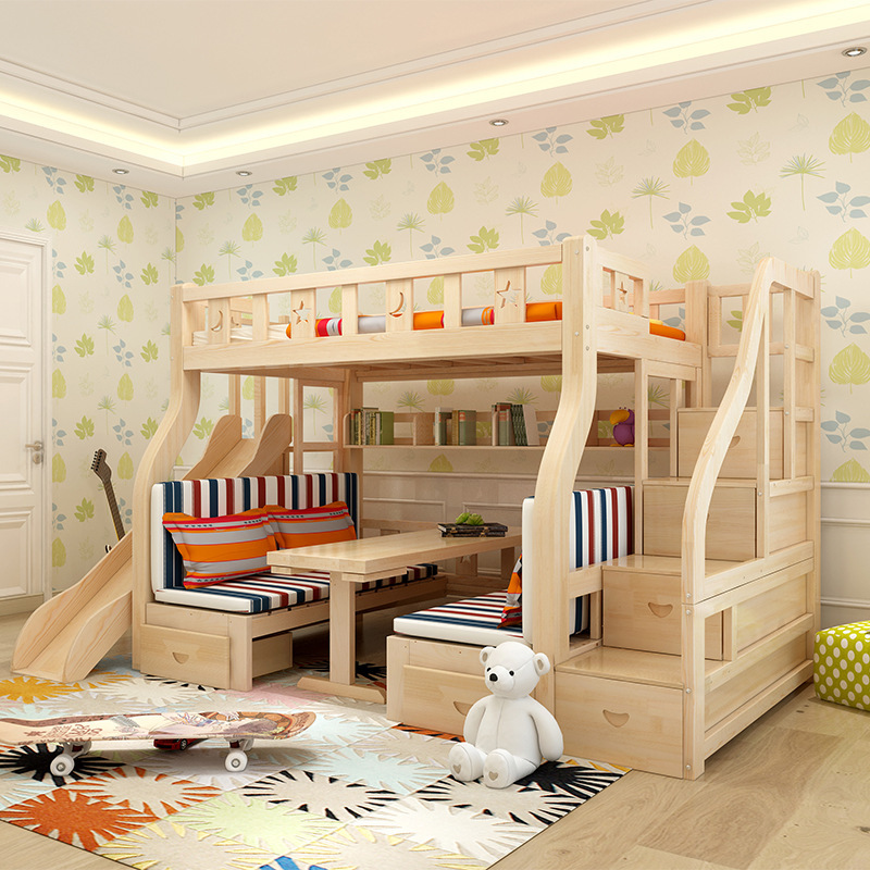 Furnitur anak, tempat tidur susun dengan perosotan untuk kamar tidur anak, 2 lantai kayu loteng Modern 1 Set geser, laci penyimpanan