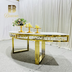 Mesa Redonda de Acero Inoxidable Dorado Personalizada con Cristales Colgantes para Eventos, Banquetes, Cenas, Bodas, Media Luna <span class=keywords><strong>Blanca</strong></span>, Luna Llena - Product Image 4