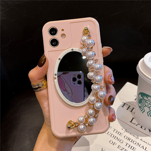 Funda de teléfono móvil con espejo y cadena de perlas, para <span class=keywords><strong>iPhone</strong></span> <span class=keywords><strong>7</strong></span> <span class=keywords><strong>plus</strong></span> 12 11 pro max xr xs max, espejo de <span class=keywords><strong>cristal</strong></span> para chicas - Product Image 2