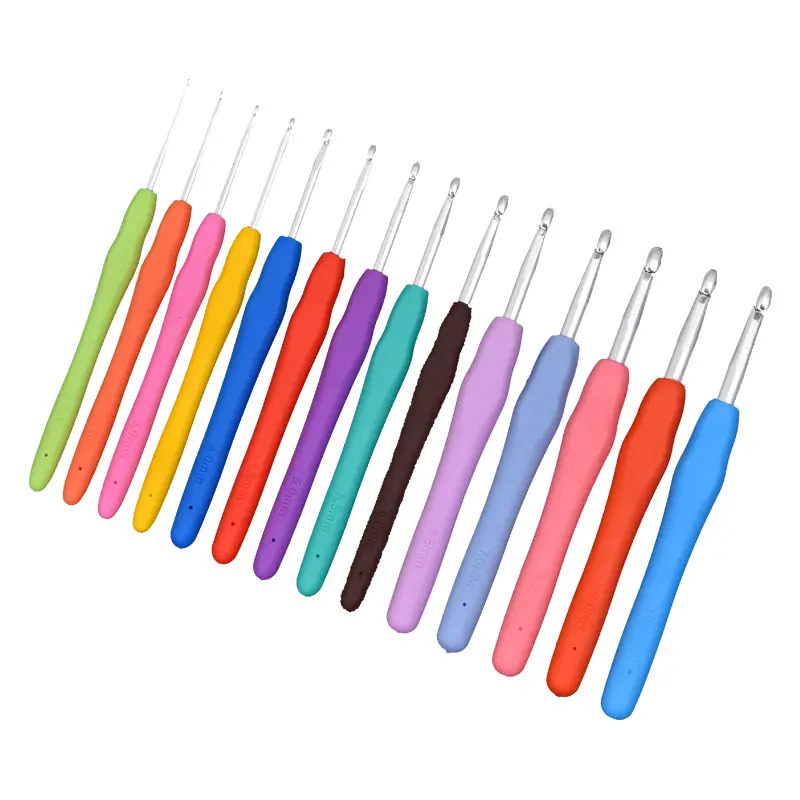 9pcs 14pcs Set Soft TPR Rubber Handle Colored Aluminum Hand Knitting Needles Crochet Hookss