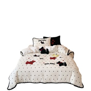 Dear Puppy Cotton <b>Bedding</b> <b>Set</b> 4-Piece Polka Dot Embroidered Duvet Cover Sheets Soft Breathable Four Seasons - Product Image 5