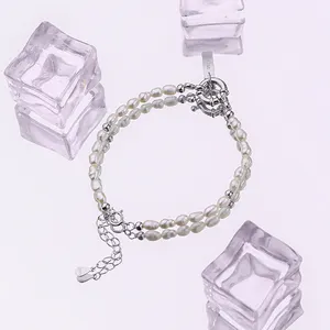 Pulseras de perlas de arroz blanco para mujer, brazaletes irregulares ajustables hechos a mano creativos de Plata de Ley 925 auténtica con perlas geométricas