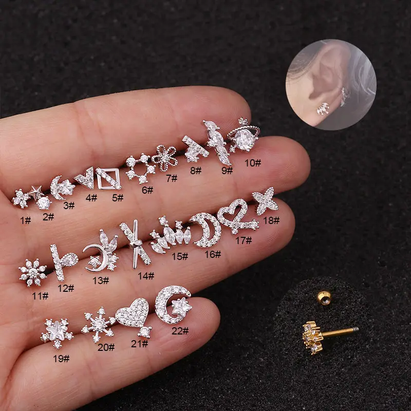 16G Mini Leuke Piercing Sieraden Roestvrij Stalen Naald Schroef Stud Oorbellen Bloem Ster Kleine Oor Bone Nagels Kraakbeen Oorbellen