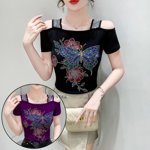 Yuhong Nuevo Diseño Blusa de Mujer con Pedrería de Pájaro, Sexy, con Hombros Descubiertos, Brillante, con Lentejuelas, <span class=keywords><strong>Camiseta</strong></span> de Manga Corta para Discoteca, Fiesta - Product Image 6