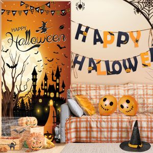 Copertura per Porta di Halloween con Motivi Horror: Zucca, Luna, Notte, Strega, Castello, Pipistrello, <span class=keywords><strong>Sfondo</strong></span> per Feste di Halloween Spaventose, Decorazioni per Interni ed Esterni - Product Image 4