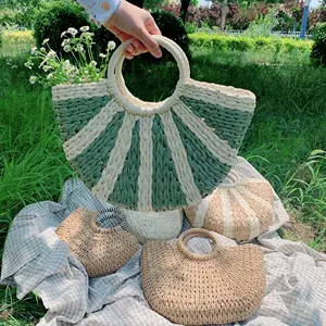 Sacola de corda de papel das mulheres portátil de alta qualidade Lady Round Bucket Woven Straw Handbag para compras Travel Summer