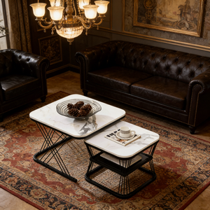 Современный набор из 2-х журнальных столиков, столешница из белого мрамора с черной металлической рамой, складные приставные столики для гостиной - Product Image 5