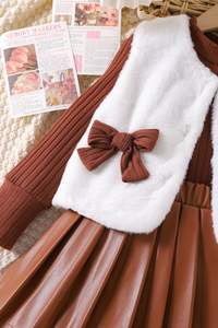 Produsen Pakaian Musim Gugur Musim Dingin Desain Baru Anak-Anak 3Pcs Setelan Sweater Lengan Panjang Rompi Rok Kulit PU Pakaian Anak Perempuan S - Product Image 4