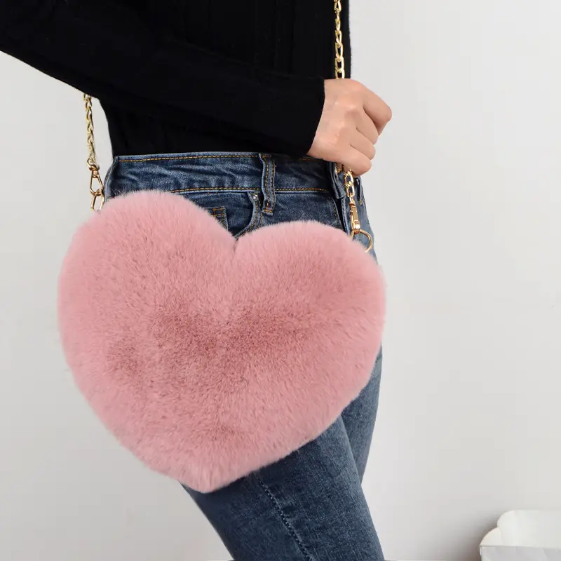 Heart Shape Women Fur Crossbody Bag Lady Fashion Purse Chain Shoulder Bag Faux Fur Handbags