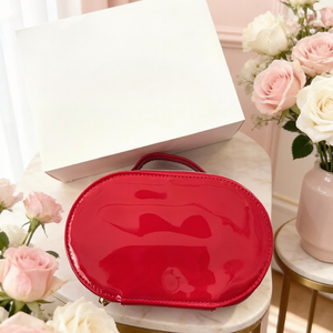 Pochette de maquillage ovale en <span class=keywords><strong>cuir</strong></span> rouge, portable, avec poignée, fermeture éclair dorée, <span class=keywords><strong>organiseur</strong></span> de beauté de <span class=keywords><strong>luxe</strong></span> pour femmes - Product Image 5