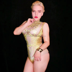 Cantante femminile modello di auto djgogo golden senza carne stretch strass one-piece nappa mantello performance costume femminile - Product Image 4