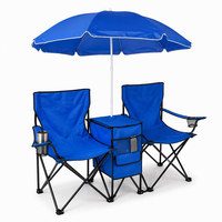 Chaise de camping pliable 2 en 1 bleu cobalt toutes saisons avec auvent amovible, compartiment de rangement central pour glace et sangle de transport