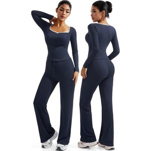 FOXA Womens Lounge <b>Set</b> Lace <b>Square</b> Neck Long Sleeve Tops Wide Leg Pants 2 Piece Outfits Casual Breathable Knitted <b>Set</b> - Product Image 1