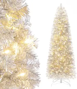 סיטונאי המואר טרום עיפרון חג המולד עץ 6ft מלאכותי כסף טינסל עץ חג המולד עם מתכת Stand