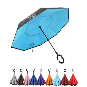 定制由内而外的C形手柄反印标志伞倒装自动防风倒装伞带标志印花