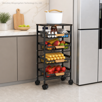 Chariot utilitaire à 5 niveaux avec plateau en bois, panier en fil métallique extractible, étagère de rangement pour fruits et légumes sur roulettes