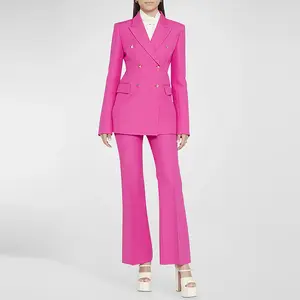 Fashion Rivet Double-breasted Lapel Neck Women Formal Work Ladies Suits Slim Trouser and Tuxedo 2 Piece Set