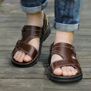 Sandales pour hommes en cuir véritable, à double usage, avec sangle réglable, bout ouvert, antidérapantes, semelle épaisse, décontractées, pour la plage et les activités de plein air - Product Image 1