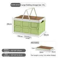 Caixa de Armazenamento Retangular Dobrável e Empilhável de Alta Resistência em PP/PVC com Tampa de Madeira 54x36x29cm para Camping ao Ar Livre