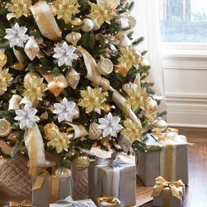 Wholesale 35cm Xmas Supplies <b>Red</b> Gold Silver Artificial <b>Glitter</b> Poinsettia Flowers Christmas Tree Decoration - Product Image 3