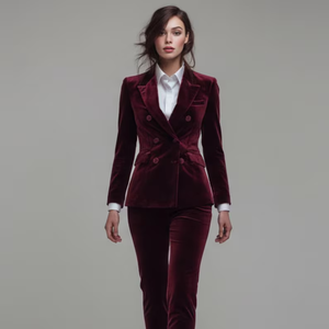 Ensemble pantalon et blazer de luxe en velours bordeaux pour femme, blazer élégant à double boutonnage avec pantalon slim, tenue de créateur - Product Image 1