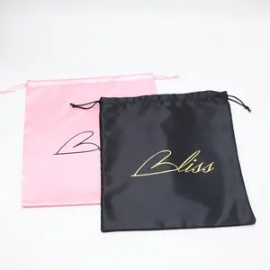 Pink Black Custom Logo Printed Satin Hair Extension Wig Drawstring Bag Jewelry Dust Packaging Pouch