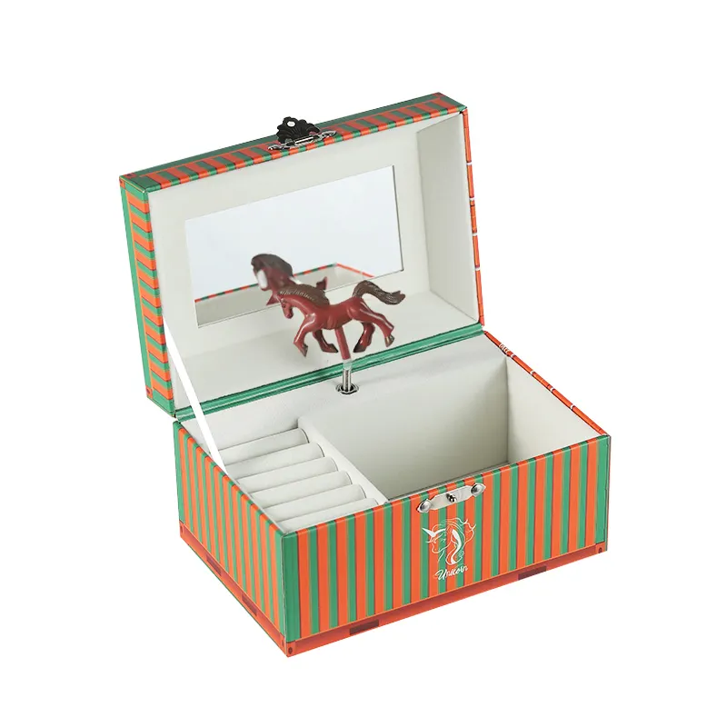 एक स्टाइलिश कंटेनर धारीदार डिज़ाइन पेपर म्यूजिक बॉक्स बनाने के लिए नारंगी और हरे रंगों को फैशनेबल मिश्रित और मिलान करें