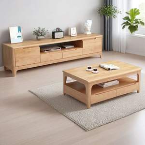 Ensemble de meuble TV et table basse en bois massif nordique avec tiroirs de rangement, meubles de salon - Product Image 1