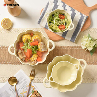 Mangkuk Keramik Restoran Double Ear untuk Sup, Salad, Pasta, Warna Kuning Krim Labu, dengan Pegangan Ganda
