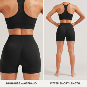 Conjunto Deportivo de 2 Piezas para Mujer, Sujetador Deportivo Racerback, Pantalones Cortos de Cintura Alta, Color Negro Sólido, Sin Costuras, Elástico en 4 Direcciones, Conjuntos de Yoga - Product Image 6