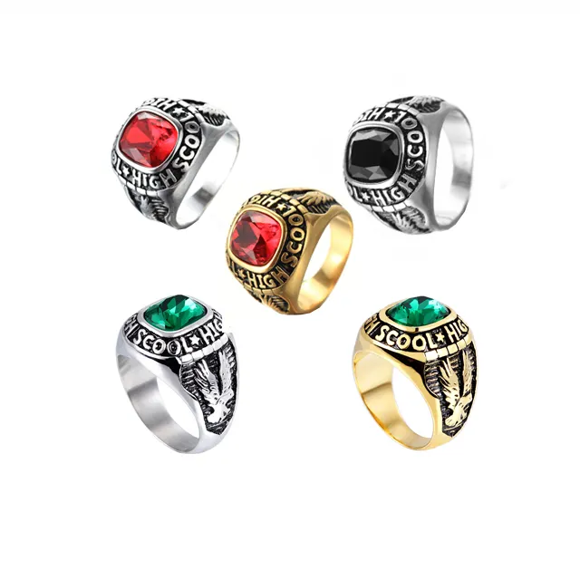 Gold Plating Custom National High School Colleage University Class Stainless Steel Ruby Green Stone Ring Emerald Rings