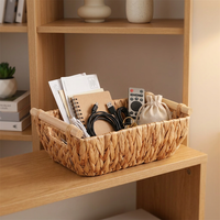 Paniers de rangement en jonc de mer écologiques faits à la main avec poignées en bois, forme rectangulaire, multi-usages, pour la maison, panier de rangement tissé à la main