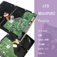 Disque dur violet WD64PURZ 6 To 3,5 pouces SATA3 6 Go/s 5400 tr/min 256 Mo pour surveillance 24/7, DVR, NVR, firmware AllFrame, MTBF, 64 caméras HD
