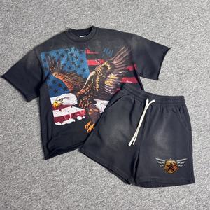 Streetwear lourd blanc curling surdimensionné lavage à l'acide Streetwear impression goutte épaule t-shirts et shorts ensembles pour hommes - Product Image 6