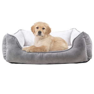 Lit pour chien de luxe personnalisé en tissu de velours côtelé gris, rembourré et épais, avec bords surélevés, housse amovible et lavable - Product Image 1
