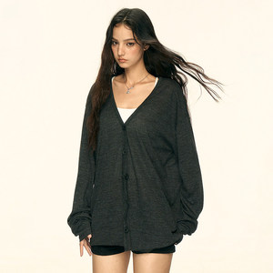 Aaisup <span class=keywords><strong>Cardigan</strong></span> décontracté en maille à col en V <span class=keywords><strong>gris</strong></span> style américain pour <span class=keywords><strong>femme</strong></span>, printemps automne, coupe décontractée, protection solaire, manches longues fines, couleur unie - Product Image 2