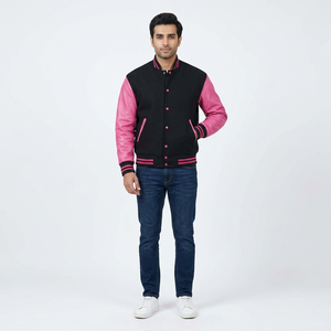 Veste varsity noire et rose pour homme, manches en cuir PU, col rabattu décontracté, coupe classique, vêtement d'automne - Product Image 1