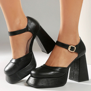 Escarpins à talons épais pour femmes, sandales à découpes avec boucles à la cheville, chaussures de soirée à plateforme épaisse et bout rond - Product Image 5