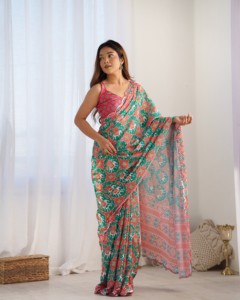 Traditional Printed <b>Red</b> Green <b>Saree</b> For Women Casual Wear Regular Fit Floor Length Indian Pakistani Clothing Heavy Chinnon <b>Saree</b> - Product Image 2