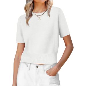 FOXA Pull court à manches courtes pour femme, col rond, léger, décontracté, respirant, en tricot - Product Image 1