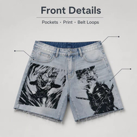 Celana Pendek Denim Unisex Motif Hewan Cuci Terang Raw Hem Lima Kantong Kasual Streetwear Musim Panas J0806