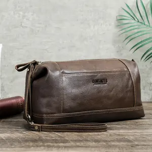 Genuine leather toiletry bag for men high capacity vegetable tanned leather clutch bag men wash toiletry bag