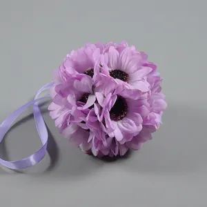 ลูกบอลประดิษฐ์ทำจากผ้าไหมสำหรับงานแต่งงานดอกทานตะวันจุมพิตบอลดอกไม้ปอมเมอร์ช่อดอกไม้ประดับบ้าน