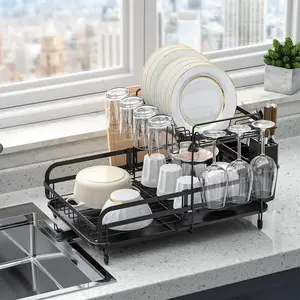 WIREKING 2 Tier Dish Drying Rack Multifunctional Dish Rack Rustproof Kitchen Dish Drying Rack With Drainboard Utensil Holder