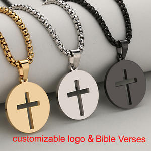 قلادة مخصصة بآيات من الكتاب المقدس، قلادة صليب مسيحي دائرية من الفولاذ المقاوم للصدأ للرجال والنساء، مجوهرات بالجملة - Product Image 1